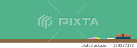 Colorful chalk and eraser on a bright green chalkboard - Simple and stylish horizontal background material - 16:5 120587338