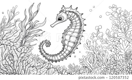 Seahorse Against Coral Reef Background Coloring Page for Kids Adorable Illustration Vibrant Coral Scene Fun Underwater Drawing for Children Colorful Marine Life Art Page 120587352