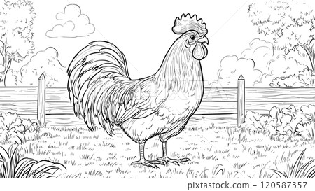 Rooster on Lawn Farm Coloring Page for Kids Adorable Illustration Farmyard Scene Fun Outdoor Drawing for Children Playful Farm Animal Art Page 120587357