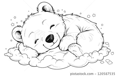 Bear Cub Sleeping on Cloud Cartoon Character Coloring Page for Kids Cozy Bear Illustration Dreamy Cloud Scene Relaxing Animal Drawing for Children Cute Fantasy Art Page 120587535