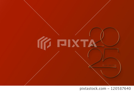 2025 New Year gold logo design. Holiday greeting card. Vector illustration. Holiday design for greeting card, invitation, calendar, party, golden holiday label isolated on red background  120587640