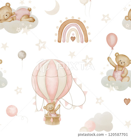 Teddy Bear seamless Pattern. Watercolor background with cute Toy, rainbows, air balloon and stars for Baby girl textile design or wallpaper. Pastel illustration with childish character with clouds. Teddy Bear seamless Pattern. Watercolor background with cute Toy, rainbows, air balloon and stars for Baby girl textile design or wallpaper. Pastel illustration with childish character with clouds. 120587701