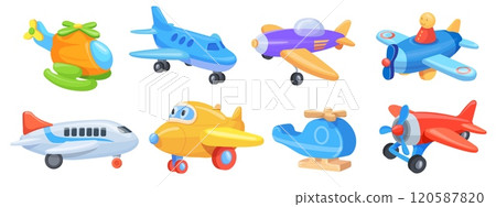 Cartoon toy airplanes. Cute toys plane with propeller wing for children game play, kids aeroplane childish aircraft flight small fly jet air transport, set neat vector illustration 120587820