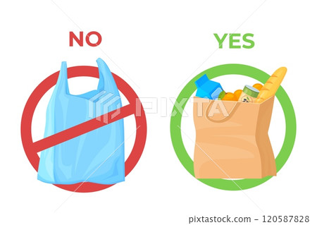 Forbidden disposable bags. Plastic vs paper bag compare, disposable polythene recycling package ecology pollution reduce concept, stop garbage no plastics waste vector illustration 120587828
