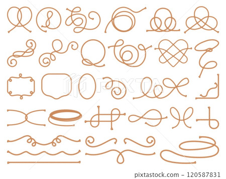Cartoon rope knots. Cord braided string pieces elements, loop lasso thread cable cords nautical knot node tie bend noose twisted shape marine ship, set swanky vector illustration Cartoon rope knots. Cord braided string pieces elements, loop lasso thread cable cords nautical knot node tie bend noose twisted shape marine ship, set swanky vector illustration 120587831