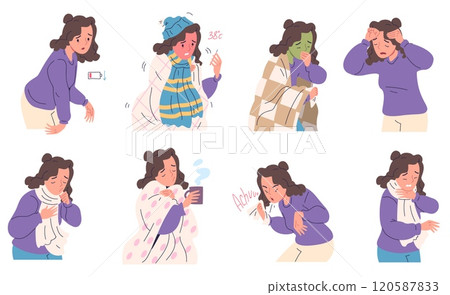 Woman cold symptoms. Cartoon unwell flu girl sickness symptom, sneeze cough fever sore throat tiredness headache hand stiffness, illness allergy disease classy vector illustration 120587833