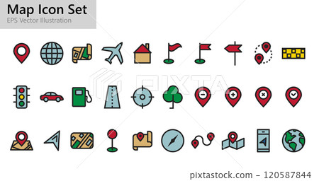 Outline colored map icons set. 120587844