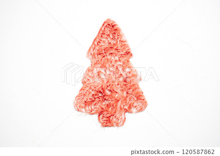 Sparkly red cream shaped like a Christmas tree on white background. Design element for cosmetic banner holiday sale 120587862
