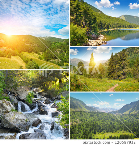 Picturesque mountain landscape with mountain ranges, forests and a high mountain lake. 120587932