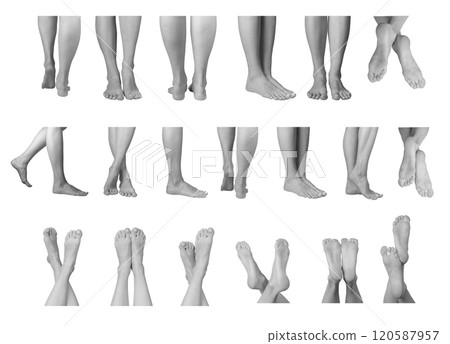 Barefoot female legs in grayscale, standing pose. Slim legs with neat nails and smooth skin, 120587957
