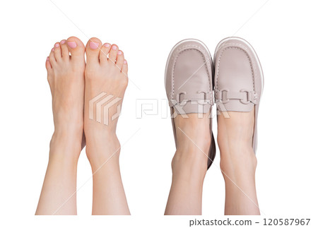 Bare feet next to stylish beige leather loafers with chic chain decor. Modern slip on design Bare feet next to stylish beige leather loafers with chic chain decor. Modern slip on design 120587967