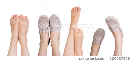 Bare feet next to stylish beige leather loafers with chic chain decor. Modern slip on design Bare feet next to stylish beige leather loafers with chic chain decor. Modern slip on design 120587968