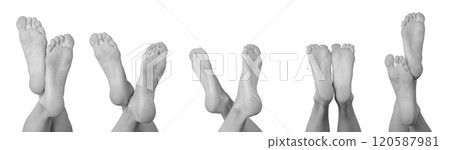 Set of grayscale bare female feet showing the sole, heel, and bottom views. Smooth, soft skin 120587981