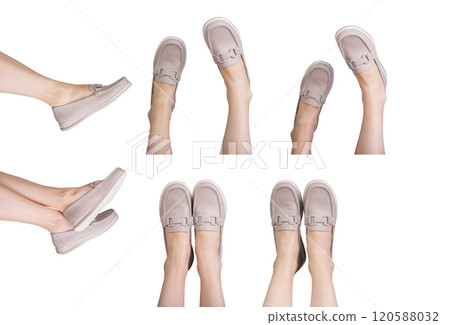 Feet in stylish beige loafers, slip on leather footwear. Comfortable sole. Feminine and practical 120588032