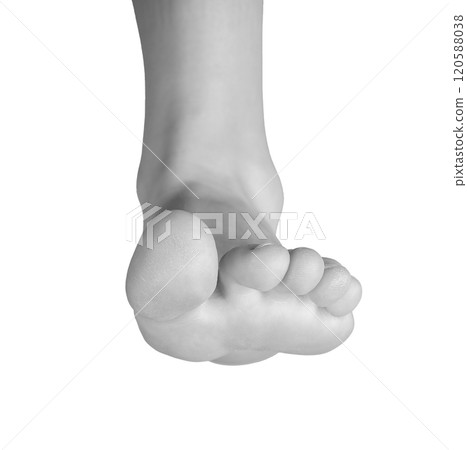Barefoot woman walking forward. Anatomy of feet and legs in motion, smooth sole, feminine and 120588038