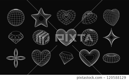 3d wireframe shapes, perspective grid figures, tech mesh vector set white line elements on black, sphere, torus, heart 120588129