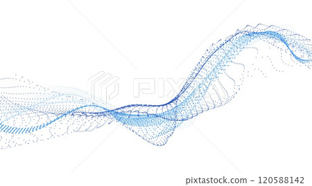 Wave of many lines flowing particles, abstract dotted wavy stripes blue gradient, vector curvy dynamic sound dots stream 120588142