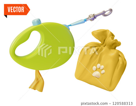 3d Pet Shop Concept Dog Walk Accessories Waste Bag with Paw Print and Roulette Cartoon Design Style. Vector illustration 120588313