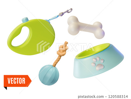 3d Pet Shop Concept Dog Rubber Ball, Plastic Plate Bowl, Bone and Roulette Cartoon Design Style. Vector illustration 120588314