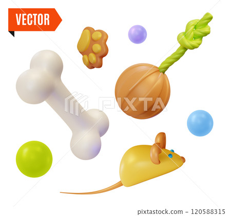 3d Different Toys for Domestic Animals Pet Shop Concept Cartoon Design Style. Vector illustration of Rubber Ball, Bone and Mouse Toy 120588315