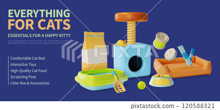 3d Everything for Cats Pet Shop Concept Ads Banner Promotion Poster Card. Vector illustration of Comfortable Bed, Interactive Toys, Food and Accessories 120588321