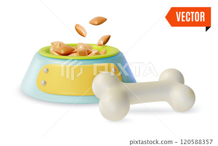 3d Pet Shop Concept Dog Full Plastic Plate Bowl with Bone near Cartoon Design Style. Vector illustration 3d Pet Shop Concept Dog Full Plastic Plate Bowl with Bone near Cartoon Design Style. Vector illustration 120588357