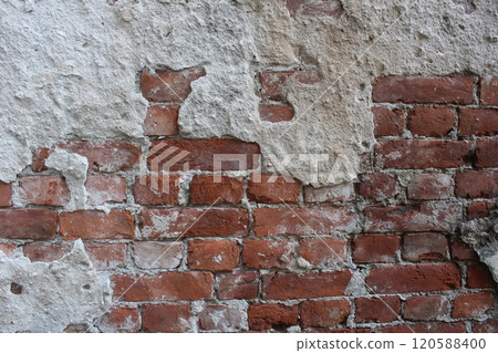 Red brick wall with remnants of cement, cement, mortar. Brutal construction background 120588400