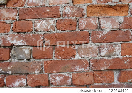 Red brick wall with remnants of cement, cement, mortar. Brutal construction background Red brick wall with remnants of cement, cement, mortar. Brutal construction background 120588401