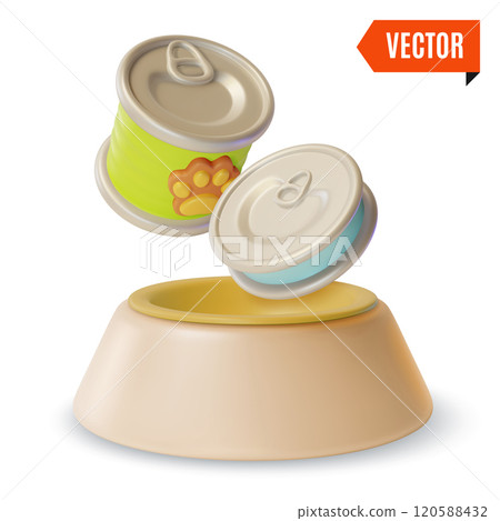 3d Pet Shop Concept Canned Food and Plastic Plate Cartoon Design Style. Vector illustration of Dog or Cat Bowl 3d Pet Shop Concept Canned Food and Plastic Plate Cartoon Design Style. Vector illustration of Dog or Cat Bowl 120588432