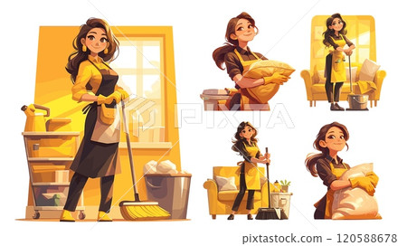 cleaning cartoon set. girl brunette cleaner in yellow uniform, worker equipment gloves house service work professional profession concept vector illustration 120588678