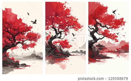 chinese watercolor landscape. red sakura and river, tree ink culture oriental color painting temple vertical background vector illustration 120588679