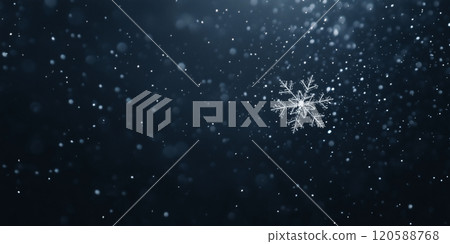 White snowflake falling on dark blue background. Beautiful photo banner template Christmas. Blurred bokeh defocused background and space for text 120588768