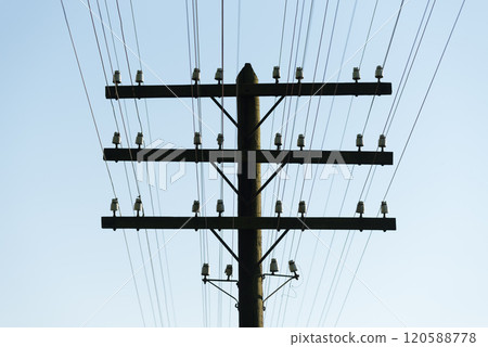 Wooden pole with electric wires Wooden pole with electric wires 120588778