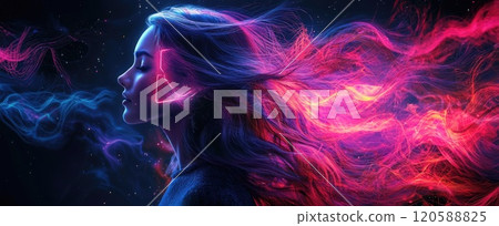 Young hispanic female with neon hair and digital elements in a cosmic setting 120588825