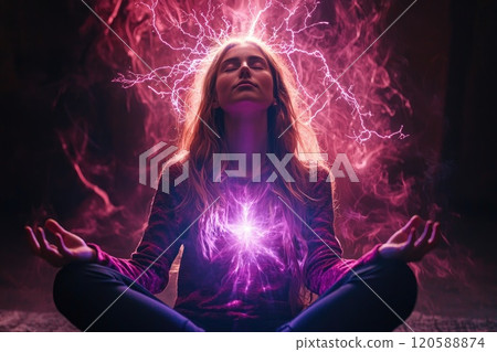 Young caucasian female meditating with vibrant energy aura and electric sparks Young caucasian female meditating with vibrant energy aura and electric sparks 120588874
