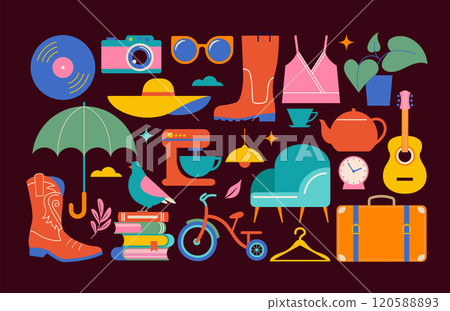 Collection of different home goods. Flea market, Garage sale, stickers, icons, elements 120588893