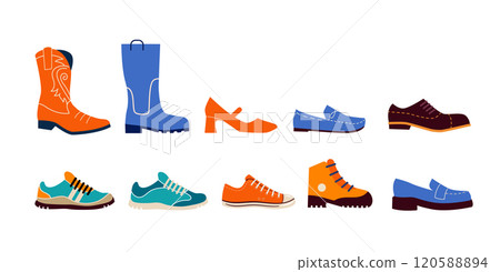 Set of shoes illustrations. Boots, sport shoes, sneakers, loafers, moccasins, cowboy shoes. Vector Set of shoes illustrations. Boots, sport shoes, sneakers, loafers, moccasins, cowboy shoes. Vector 120588894