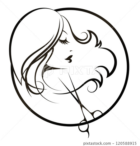 Scissors and a girl with curls of hair. Round badge with edge 120588915