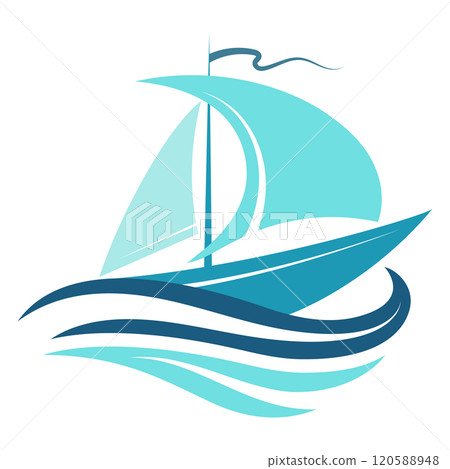 Sailing ship on blue waves, design for nautical travel 120588948
