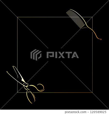 Scissors and comb in gold square Scissors and comb in gold square 120589025