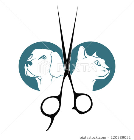 Scissors and dog with cat, symbol for groomer 120589031