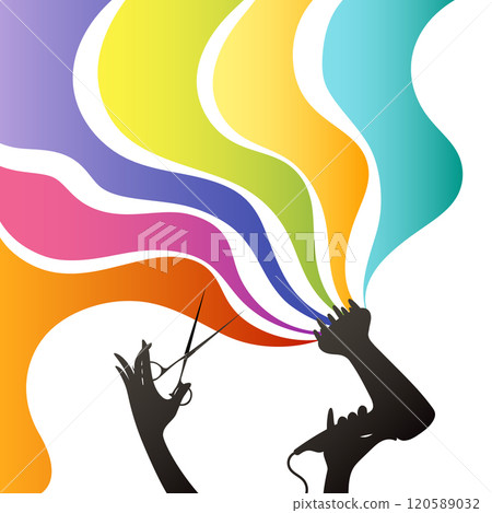 Scissors and electric hair dryer in hand, flowing colored hair curls 120589032