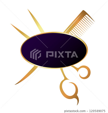 Scissors comb and golden oval frame 120589075