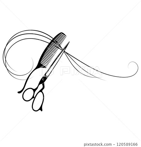 Scissors comb stylist and curly lock of hair Scissors comb stylist and curly lock of hair 120589166