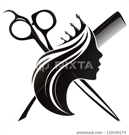 Scissors comb and silhouette of a girl with a crown Scissors comb and silhouette of a girl with a crown 120589174