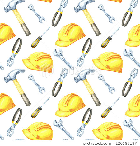 Yellow hard hats, silver wrenches, and bolts in a seamless watercolor clipart pattern. This illustration is ideal for construction-themed designs, gift wrap, and textile products 120589187