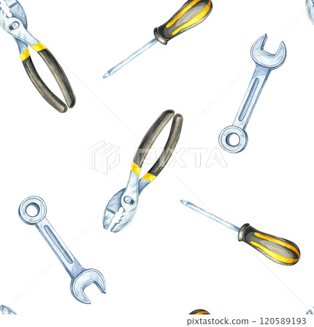 Yellow and black screwdrivers, silver wrenches, and pliers in a watercolor clipart seamless pattern. Perfect for product packaging, apparel, and backgrounds in DIY or tool-related designs Yellow and black screwdrivers, silver wrenches, and pliers in a watercolor clipart seamless pattern. Perfect for product packaging, apparel, and backgrounds in DIY or tool-related designs 120589193