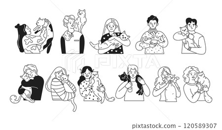 Pet owners showing care for cats linear icons collection 120589307