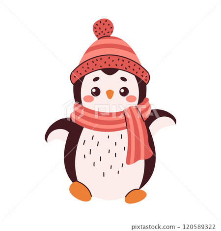 Cute penguin in hat with scarf flat color vector character Cute penguin in hat with scarf flat color vector character 120589322