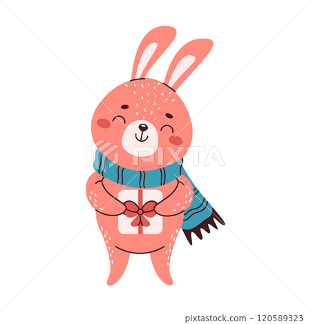 Bunny with scarf holding gift flat color vector character Bunny with scarf holding gift flat color vector character 120589323
